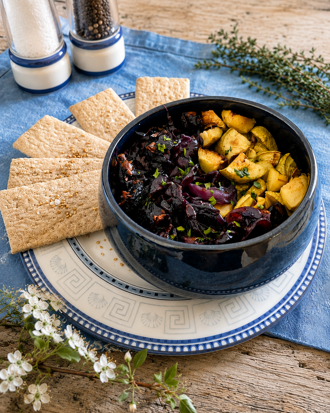 Piatto sano con verdure e crackers integrali — nutrizione equilibrata